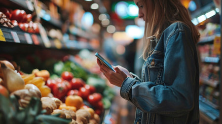 Young woman using mobile phone app to check products at grocery store, cropped photoの素材