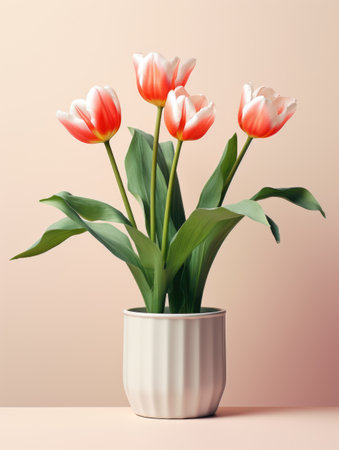 Beautiful tulips in pot on pink background.の素材