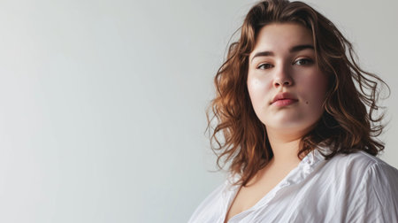 portrait of a confident and beautiful plus-size woman, exuding charm and positivity against a clean white backdrop, copy spaceの素材