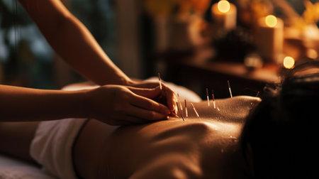 Close-up of acupuncture needles inserted into the skin, promoting wellness and pain reliefの素材