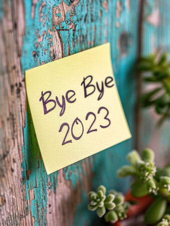 "Bye Bye 2023" written on a sticky note on blue painted wallの素材