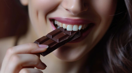 Young beautiful woman eating dark chocolate, cropped closeup photo, can be used for adの素材