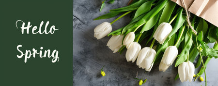 Minimalist spring greeting. White tulips and a heartfelt Hello Spring on green.の素材