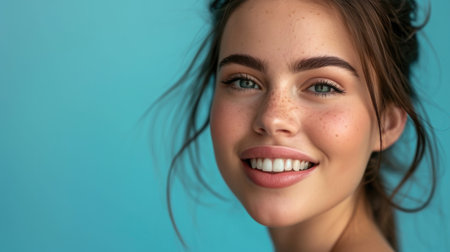Full-size face portrait illustrating the brunette woman's dedication to a healthy, clean smile. Copy spaceの素材