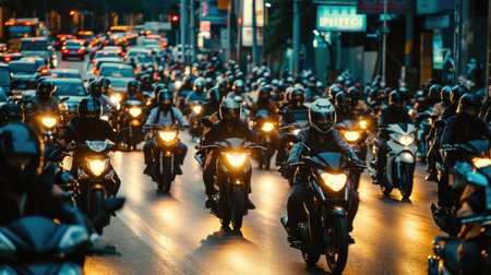 Busy city street from above, illustrating heavy motorcycle traffic in an Asian metropolis.の素材