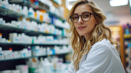 A pharmacist providing helpful assistance with a warm smile.の素材