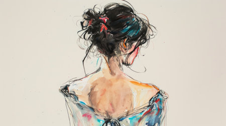 Hand drawn beautiful young woman with bow, trendy hairstyle.の素材