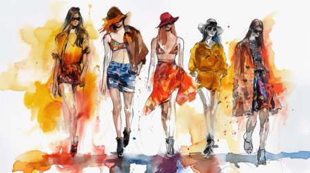 Watercolor sketch capturing models in a runway show lineup.の素材