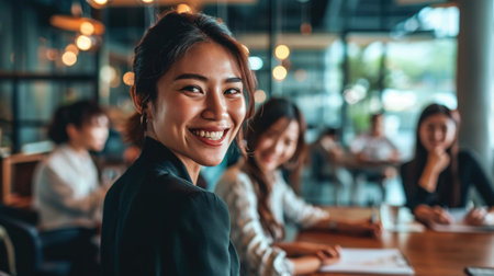 Smiling asian businesswoman fosters a positive atmosphere during a meeting.の素材