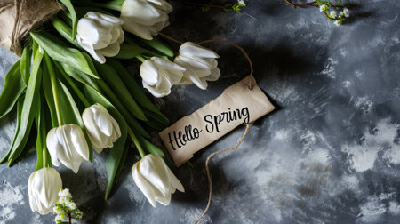 White tulips and a "Hello Spring" note on a calming backgroundの素材