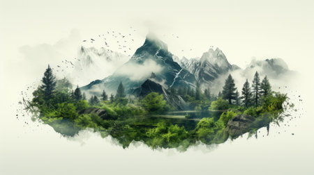 double exposure with fresh nature, trees and mountains, Environment consciousness protectionの素材