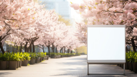 Position your creation amidst spring's blossoms; a white mockup in the park infuses your design with a refreshing and vibrant backdropの素材
