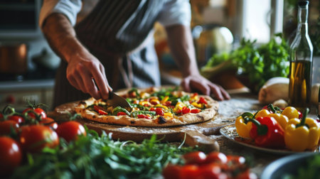 Homemade goodness. a young chef's hands expertly preparing a wholesome vegetable pizzaの素材