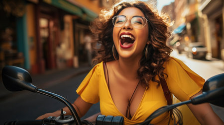 Happy pretty woman in yellow dress riding her bike in the street. Summer timeの素材
