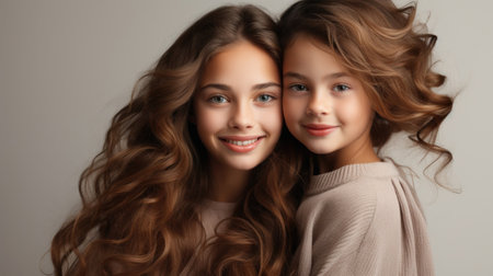 portrait of two sisters with long hair cuddlingの素材
