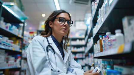 Pharmacist lending a hand to customers, ensuring their health needs are met.の素材