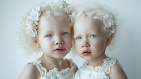 albino twin models pose gracefully on a clean white background.の素材