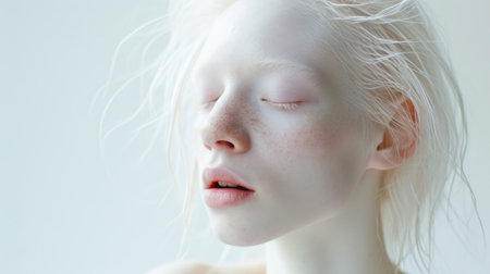 Beautiful albino woman exuding grace and elegance against a white backdrop.の素材
