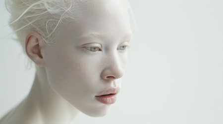 Closed-eyed albino beauty captured in a minimalist white environment.の素材