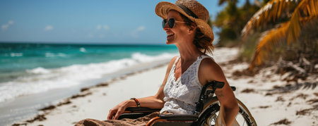 Smiling middle aged woman in a swimsuit and straw hat captures the essence of summer vibes in a wheelchair on white sand beach by oceanの素材