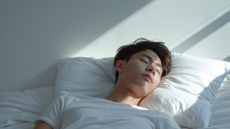 Asian young man enjoying a restful nap on a soft pillow in his white bedの素材