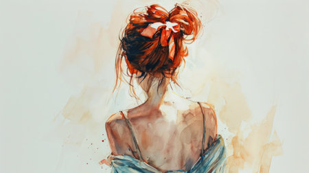 hand sketch of back view of woman with bow in ginger hair by white background, watercolor cardの素材