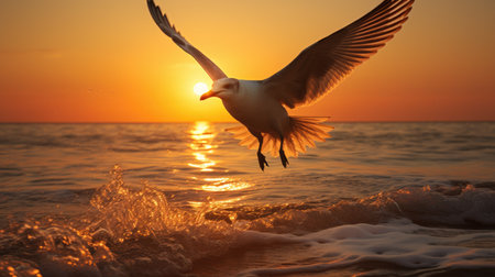 Witness the enchantment as bird's silhouette playing with waves, a poetic display of oceanic exuberance.の素材