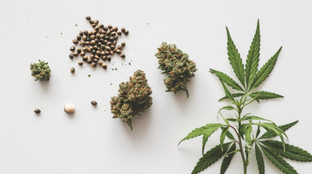 A sleek presentation of marijuana buds, leaves, and seeds wit white backdrop.の素材