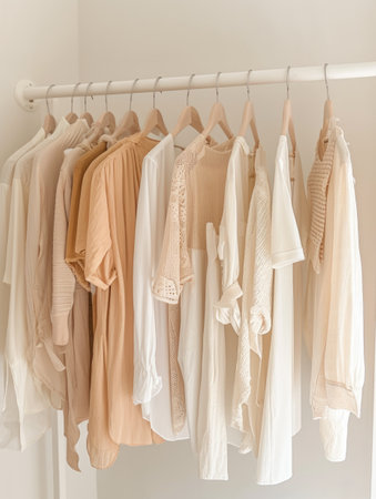 fashion visuals with racks of summer peach and white apparel, creating a stylish collection in a retail setting.の素材