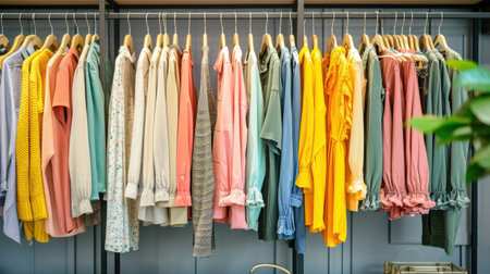 racks displaying a collection of natural clothes in refreshing colors within a retail fashion shopの素材