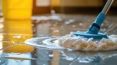 Mopping the floor with white mop and cleaning foamの素材