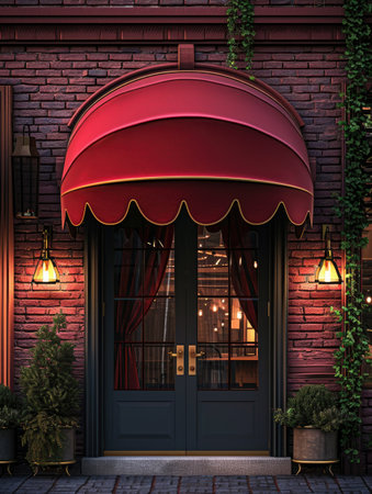 Front round red facade of historic building front doorの素材