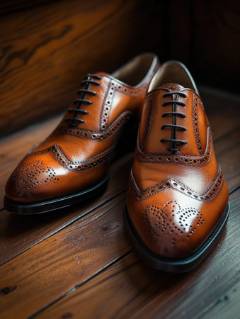 Closeup of elegant stylish brown male leather shoes on wooden background.の素材