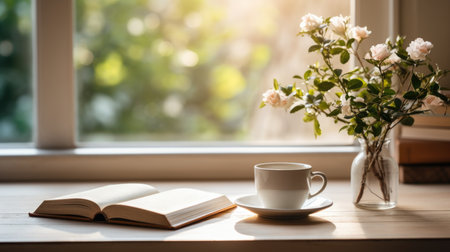 cup of coffee and book for morning devotion in spring or summer time on wooden table with window lightの素材