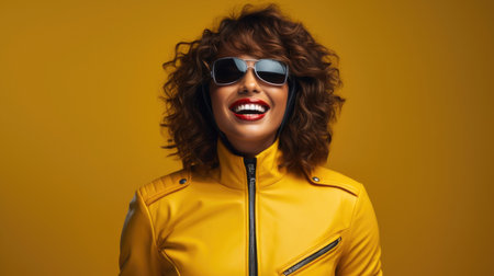Portrait of smiling beautiful woman in leather jacket from motorcycle isolated over bright yellow backgroundの素材