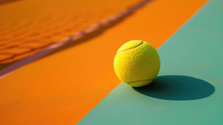 yellow tennis ball on court, minimalism style.の素材