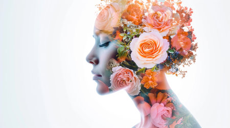 beauty of flowers and devotion with a double exposure design blending seamlessly within the contours of a female head against a serene white background.の素材