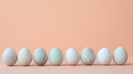Light gray Easter eggs in a row on peach pastel background. copy spaceの素材