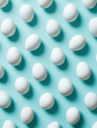 Pattern of white eggs with shadows on light blue background. Easter holiday concept.の素材
