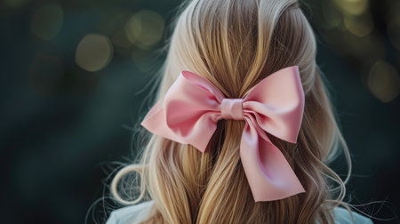 Trendy fashion accessory. pink bow on blonde girl hair, back viewの素材