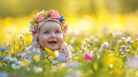 Happy baby girl in meadow in flower costumeの素材