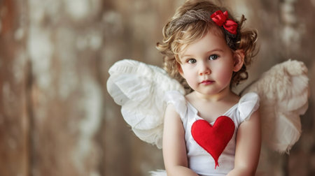 Sweet child with cherubic wings cradling a charming red heart symbol.の素材