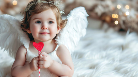Cute girl, dressed as Cupid, presents a heart in a heartwarming photo.の素材