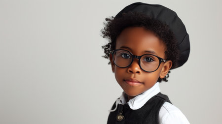 portrait of a little black boy dressed as teacher on white background with copy spaceの素材