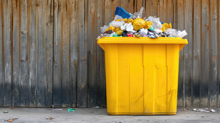Overflowing garbage containers with a pile of trash. Yellow plastic bin filled to capacity.の素材