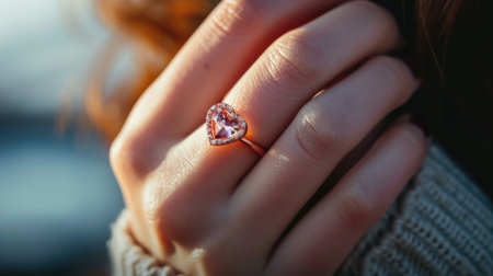 Woman's hand with an elegant heart-shaped ring, capturing romantic essence.の素材
