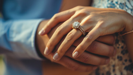 engagement ring on woman's finger, closeup. shot after marriage proposalの素材