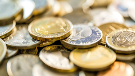 Close-up view of various shiny coins illuminated by sunlight.の素材