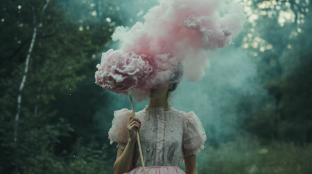 A woman in a vintage dress holds a cotton candy resembling a cloud for a headの素材