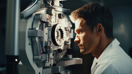 A man attentively undergoing an eye exam with modern equipmentの素材